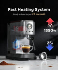 Zero Hassle Compact Espresso Maker With Milk Frother, 20 Bar Pump delivers quick shots, 50 Ounce Tank shown brewing espresso.