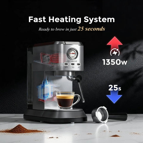 Zero Hassle Compact Espresso Maker With Milk Frother, 20 Bar Pump delivers quick shots, 50 Ounce Tank shown brewing espresso.