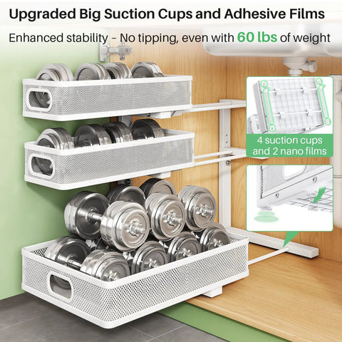 Heavy Duty 2 Pack Under Sink Organizer With Adjustable 3 Tier Metal Pull Out Drawers holding weights in white steel baskets.