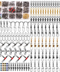 190 Piece Fishing Swivels Kit With 14 Types Including Ball Bearing Swivels, Rolling Barrel Snap, Three Way Crossline, Duo Lock Snap, Coastlock Snap, Crane Barrel, Corkscrew Swivels For Bass, Trout, Saltwater And Freshwater Tackle, assorted fishing swivels laid out