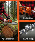 Portable Chainsaw Sharpener Manual Sharpening Tool With Seven Sharpening Stones in use on a 4-22 inch chainsaw in a forest setting.