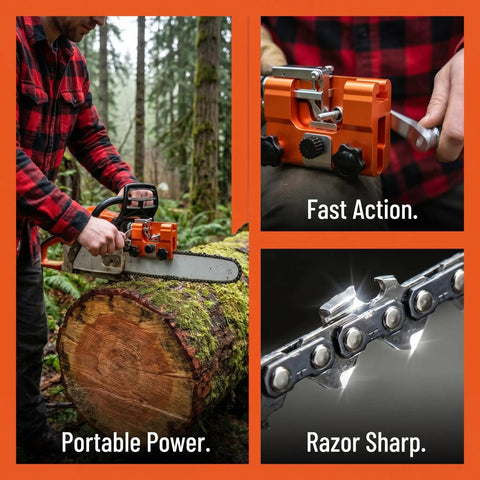 Portable Chainsaw Sharpener Manual Sharpening Tool With Seven Sharpening Stones in use on a 4-22 inch chainsaw in a forest setting.