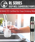4-Inch Submersible Deep Well Pump 3/4 HP 12 GPM 2-Wire 230V Steel with Built-In Check Valve shown next to running faucet