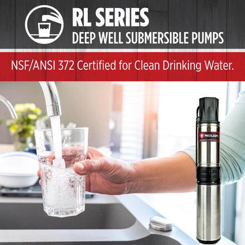 4-Inch Submersible Deep Well Pump 3/4 HP 12 GPM 2-Wire 230V Steel with Built-In Check Valve shown next to running faucet