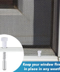 Twelve Pack Window Screen Plunger Latches With Aluminum Pins And White Caps One Point Five Inch Length Runs Like A Charm Makes Tight Window Repairs A No Sweat Experience, detailed view of latch in use on window screen.