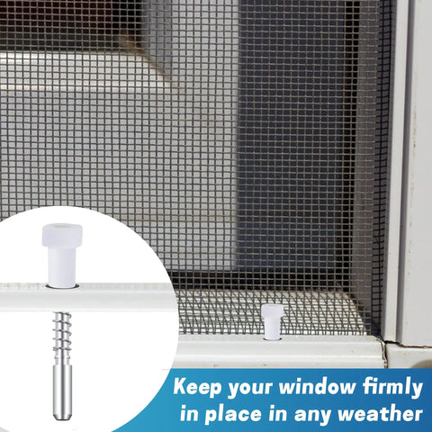 Twelve Pack Window Screen Plunger Latches With Aluminum Pins And White Caps One Point Five Inch Length Runs Like A Charm Makes Tight Window Repairs A No Sweat Experience, detailed view of latch in use on window screen.