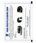 Top Tier CR80 Heavy Duty Presaturated Cleaning Cards 10 Pack For ID Badge Printers Smooth Operator Maintenance Disks displayed beside printers.