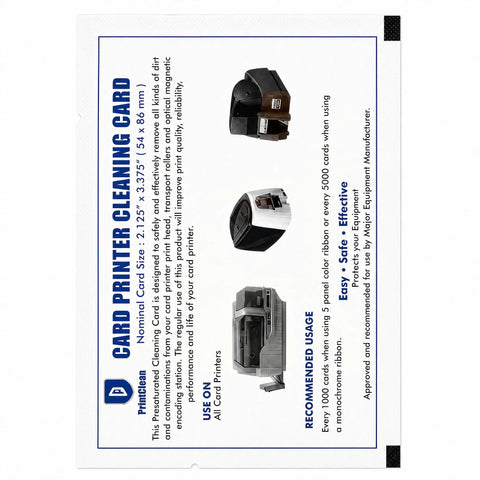 Top Tier CR80 Heavy Duty Presaturated Cleaning Cards 10 Pack For ID Badge Printers Smooth Operator Maintenance Disks displayed beside printers.