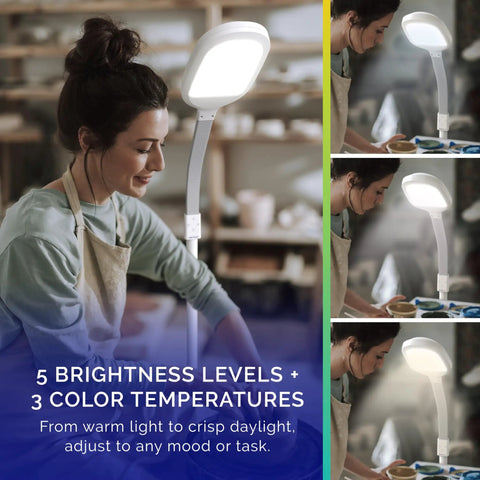 Lit Full Spectrum LED Floor Lamp With Adjustable Brightness and Flexible Gooseneck in home setting, ideal for reading and crafting.