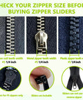Close-up view of zipper types for the 24 Piece Universal Zipper Repair Kit With Four Sizes Double Sided Sliders And Pull Tabs.