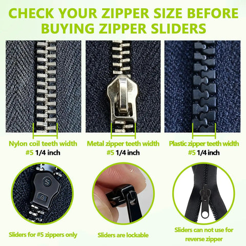 Close-up view of zipper types for the 24 Piece Universal Zipper Repair Kit With Four Sizes Double Sided Sliders And Pull Tabs.