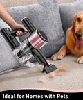 Cordless Vacuum Cleaner 8 In 1 With Beastly 45KPa Suction, Lightweight And Easy To Use on sofa with pet hair, pink