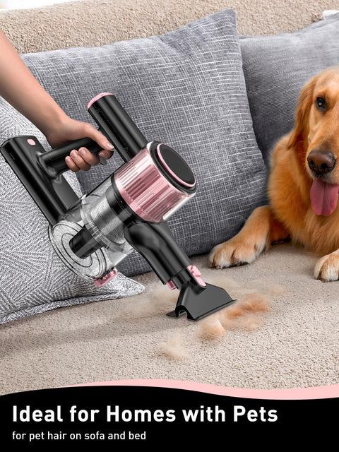 Cordless Vacuum Cleaner 8 In 1 With Beastly 45KPa Suction, Lightweight And Easy To Use on sofa with pet hair, pink