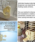 No Mess No Fuss Bird Water Dispenser And Food Feeder Set With Heavy Duty Perch Pole, clear plastic feeder on parrot cage.