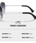 Side view of RB3449 Pilot Shape Nonpolarized Sunglasses For Men With Gray Gradient Lenses, showing dimensions and polished silver frame.