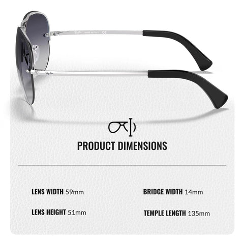 Side view of RB3449 Pilot Shape Nonpolarized Sunglasses For Men With Gray Gradient Lenses, showing dimensions and polished silver frame.