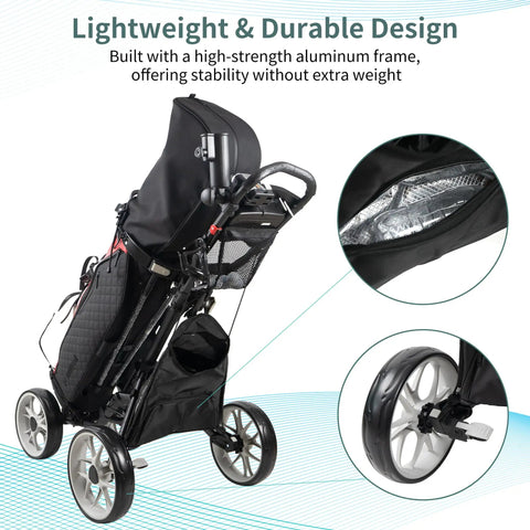 Heavy Duty Aluminum Golf Push Cart With No Fuss Quick Release Fold Build And Low Drag Eva Wheels For Easy Rolling Down The Fairway Dark Gray Edition, showcasing the durable aluminum frame and EVA wheels.