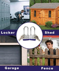 Two Pack Heavy Duty Padlocks Keyed Alike With Extra Long Two And Three Eighths Inch Shackle And Forty Millimeter Laminated Steel Lock Bodies, shown for lockers, sheds, garages, and fences.