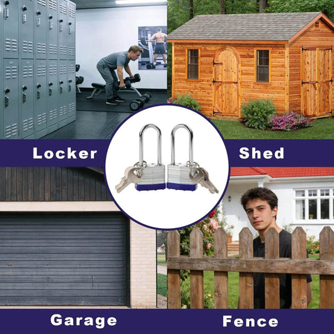 Two Pack Heavy Duty Padlocks Keyed Alike With Extra Long Two And Three Eighths Inch Shackle And Forty Millimeter Laminated Steel Lock Bodies, shown for lockers, sheds, garages, and fences.