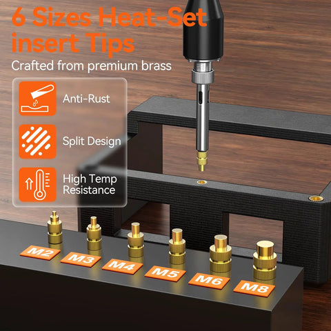 All-In-One Heat Set Inserts Kit For 3D Printers, Brass Threaded Inserts Pack With 350 Pieces, 6 Heat-Set Tips M2-M8 displayed