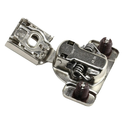 Heavy Duty Six Way Adjustable Half Inch Overlay Soft Close Cabinet Hinges For Face Frame Doors 105 Degree Pivot Concealed Hardware Smooth As Butter Closure 10 Pack close-up view of a nickel hinge.