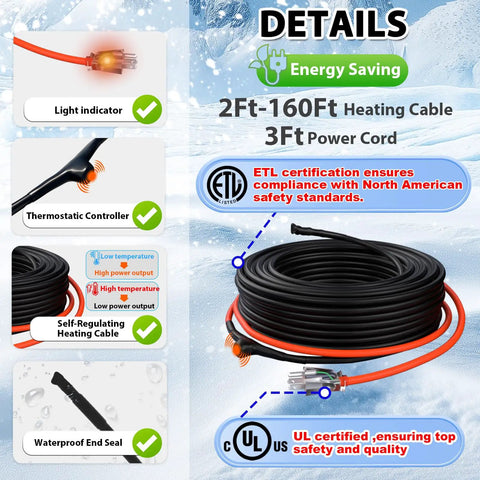 Self Regulating Pipe Heating Cable For Freeze Protection 40 Ft Length Keeps Water Flowing In Harsh Cold At Minus Forty Fahrenheit Energy Saving Heat Tape ETL Listed 120 Volt 3 Watt Per Foot