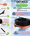 80-Foot Pipe Heat Tape Self Regulating Heating Cable For Water Lines Freeze Protection Keeps Water Flowing At -40 F Energy Saving ETL Listed 120V 3W Per Foot infographic with features displayed.