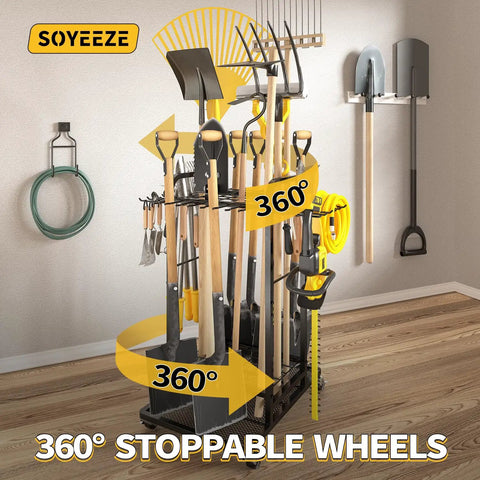 Garden Tool Organizer With Lockable Wheels, Heavy Duty 3 Tier Yard Tower Rack For Garage, Holds Up To 35 Long Handled Tools