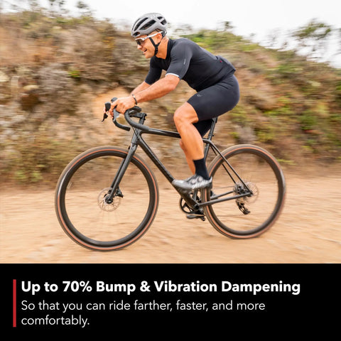Cyclist riding with ShockStop PRO Suspension Stem For Bikes Shock Absorbing Handlebar Stem For Road Gravel Hybrid And EBikes 6 Degree 90 Mm