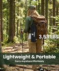 Hiker carrying Ultra Portable Folding Camping Chair, lightweight and compact, ideal for backpacking. Forest trail setting, 3.53 lbs visible.