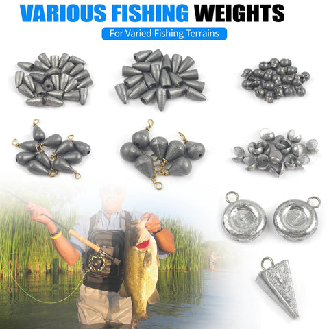 All Purpose Fishing Sinker Weights Kit With 100 Pcs Varied Bass Casting Sinkers Removable Split Shot Bell Drop Pyramid Disc Weights For Saltwater And Freshwater Catfish Angling Gear displayed against fishing scenery.