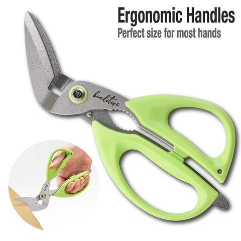 Beefy Heavy Duty Multipurpose Angled Craft Scissors 7 Inches With Japanese Stainless Steel Serrated Blade, green handle