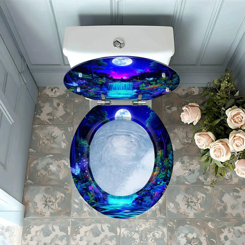 Toilet Seat Round Resin for Bathroom with vibrant nature design featuring a waterfall and moon, viewed from above.