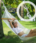 Double-ended bolt snap clip, zinc alloy, 4.7-inch, shown in close-up attached to white hammock rope.