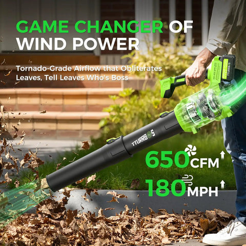 Person using Cordless Leaf Blower With 650 CFM And 180 MPH, Brushless Powerhouse with 2x5.0Ah Batteries on leaves