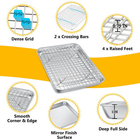 Stainless Steel Toaster Oven Pan With Rack Set Durable 9 Inch Baking Tray and Grid Cooling Rack features and dimensions.