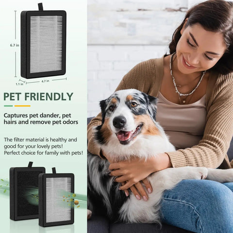 Woman with dog next to 4 Pack LV-H128 Replacement Filter For Levoit LV-H128 Air Purifiers PUURVSAS HM669A And Rovacs RV60
