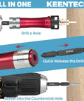 Pro Grade 10 In 1 Countersink Drill Bit Set With Depth Stop And Chamfer Tool, shown with components and usage on wood.
