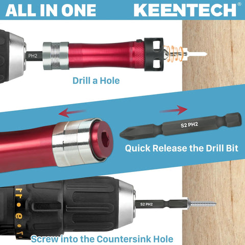 Pro Grade 10 In 1 Countersink Drill Bit Set With Depth Stop And Chamfer Tool, shown with components and usage on wood.