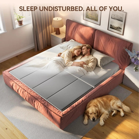 Couple sleeping on Full Size Bunkie Board 54X75 Delivers Flat Out Sturdy Support Breathable Hollow Core Base With Squeak Proof Grey Oxford Cover Low Mattress Foundation.