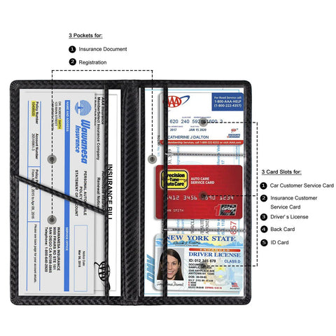 Slick Carbon Fiber Black Car Registration And Insurance Card Holder With Fast Flip Clear Window displaying 3 pockets and 3 card slots.