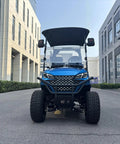 Pick Up Speed Without Breaking A Sweat On This Reliable Two Seater Electric Golf Cart featuring a cool blue exterior and black hardtop canopy.
