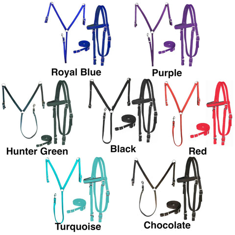 Various colors of Nylon Padded Equestrian Browband Headstall With Reins And Breast Collar Set For Horse, Full Turquoise shown