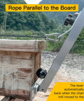 Close-up of chainsaw mill winch kit lever arm in action for smooth lumber milling, showing rope alignment.