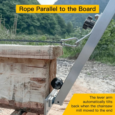 Close-up of chainsaw mill winch kit lever arm in action for smooth lumber milling, showing rope alignment.