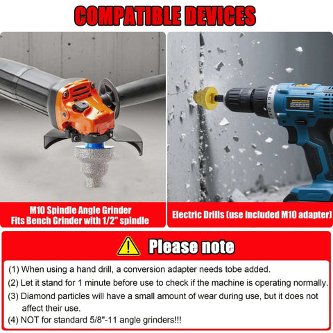Diamond core drill kit with M10 adapter for 1/2 in chucks; orange angle grinder and blue drill shown