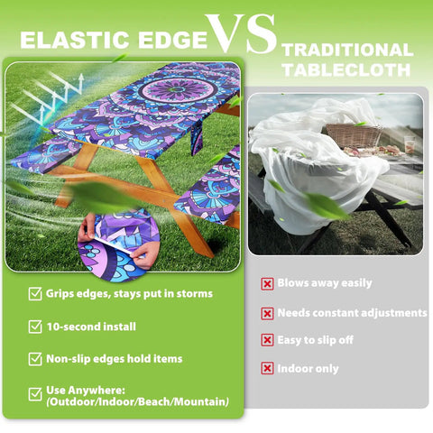 Comparison of Fitted Picnic Table Cover Set With Bench Covers Vinyl Waterproof Elastic Edges 3 Piece Set and traditional tablecloth