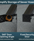 Aluminum RV Bumper End Cap Kit Two Pack for 4 Inch Square Campers showing open and closed sewer hose storage doors.