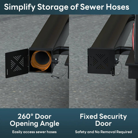 Aluminum RV Bumper End Cap Kit Two Pack for 4 Inch Square Campers showing open and closed sewer hose storage doors.