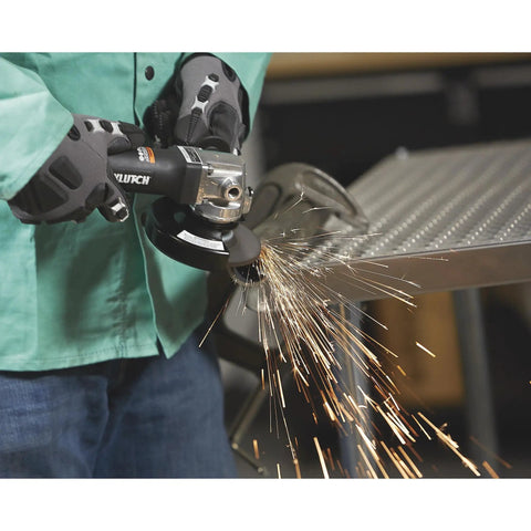 No Nonsense 4 1/2 Inch Air Angle Grinder Cranking 12000 RPM Tough Power in use, generating sparks while grinding metal.